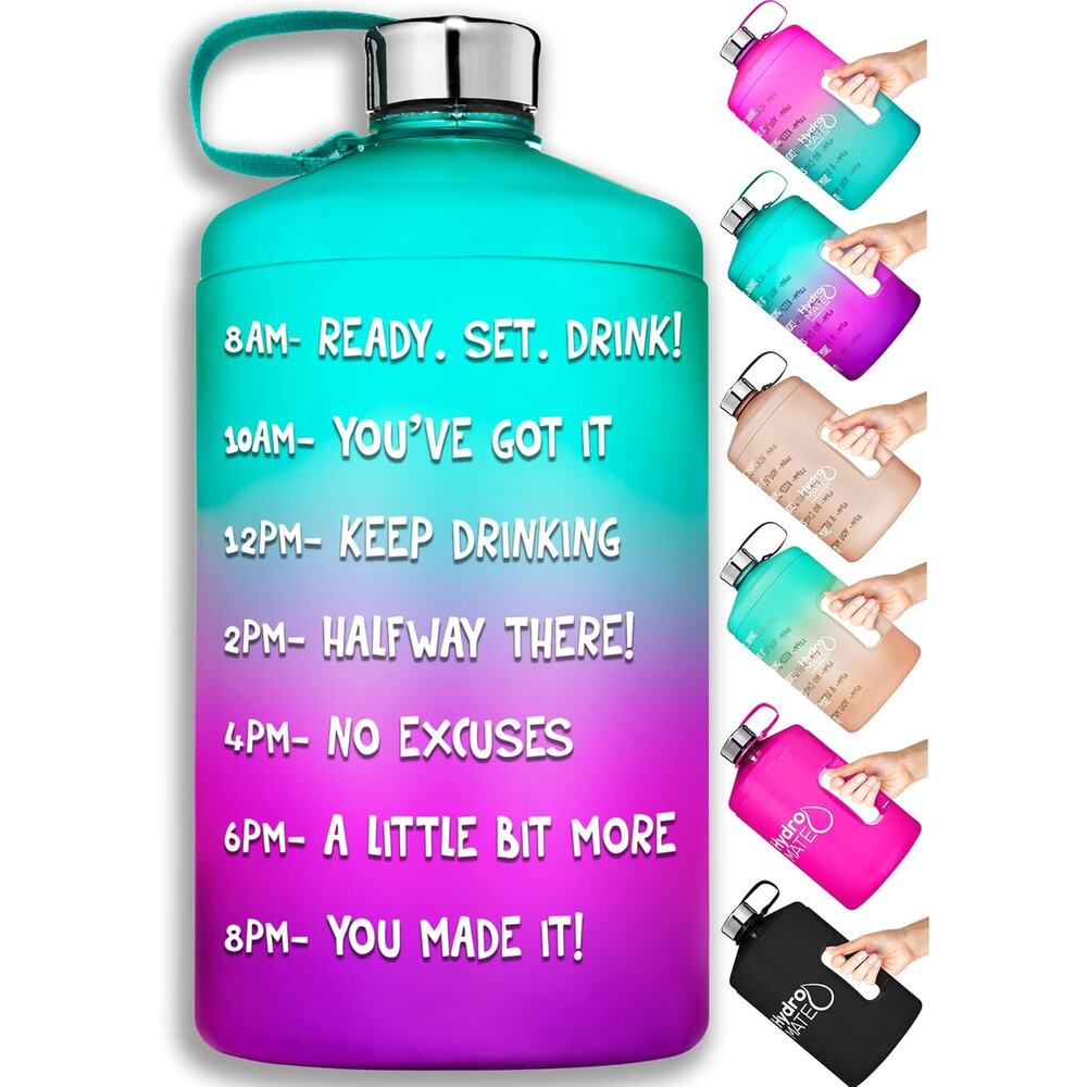 HydroMATE 1/2 Gallon Water Bottle 73oz BPA Free Leak Proof w Time Markings